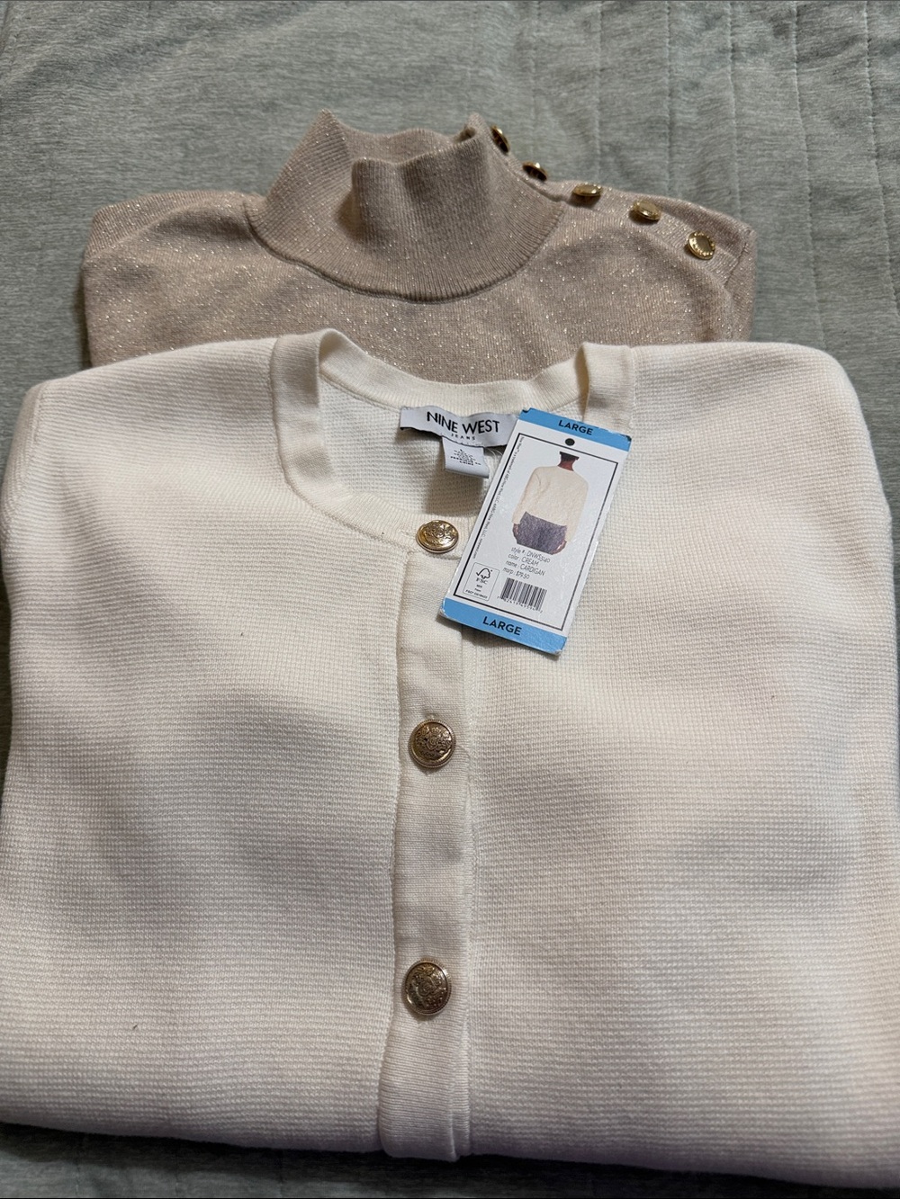 Nine West Cream Button-Front Cardigan & Calvin Klein mock neck sweater